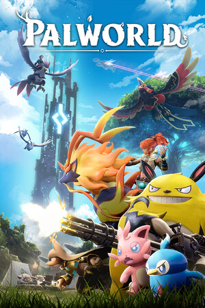 Official Palworld Steam hero art with Pals and players.