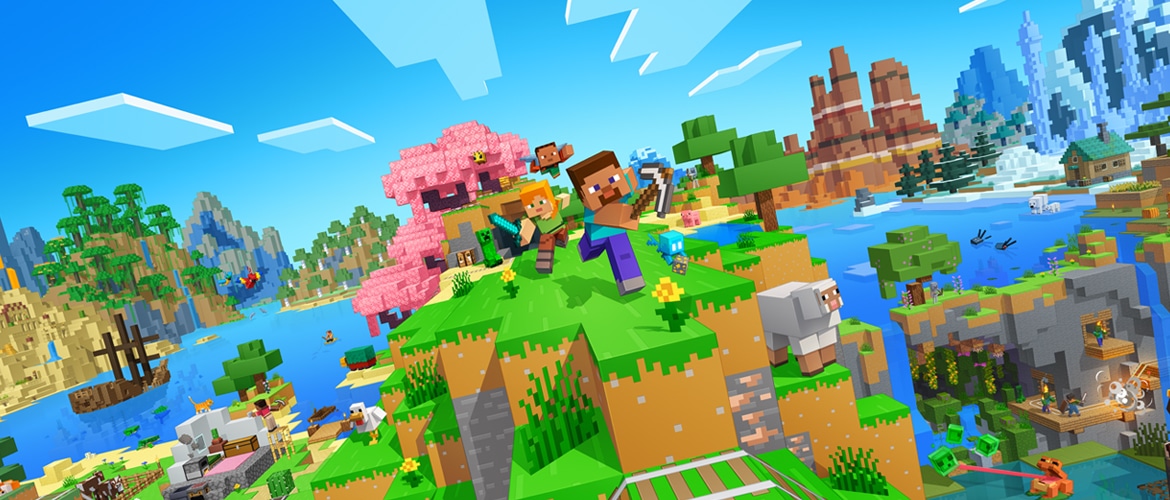 Official Minecraft key art with Steve, Alex, and Minecraft biomes.